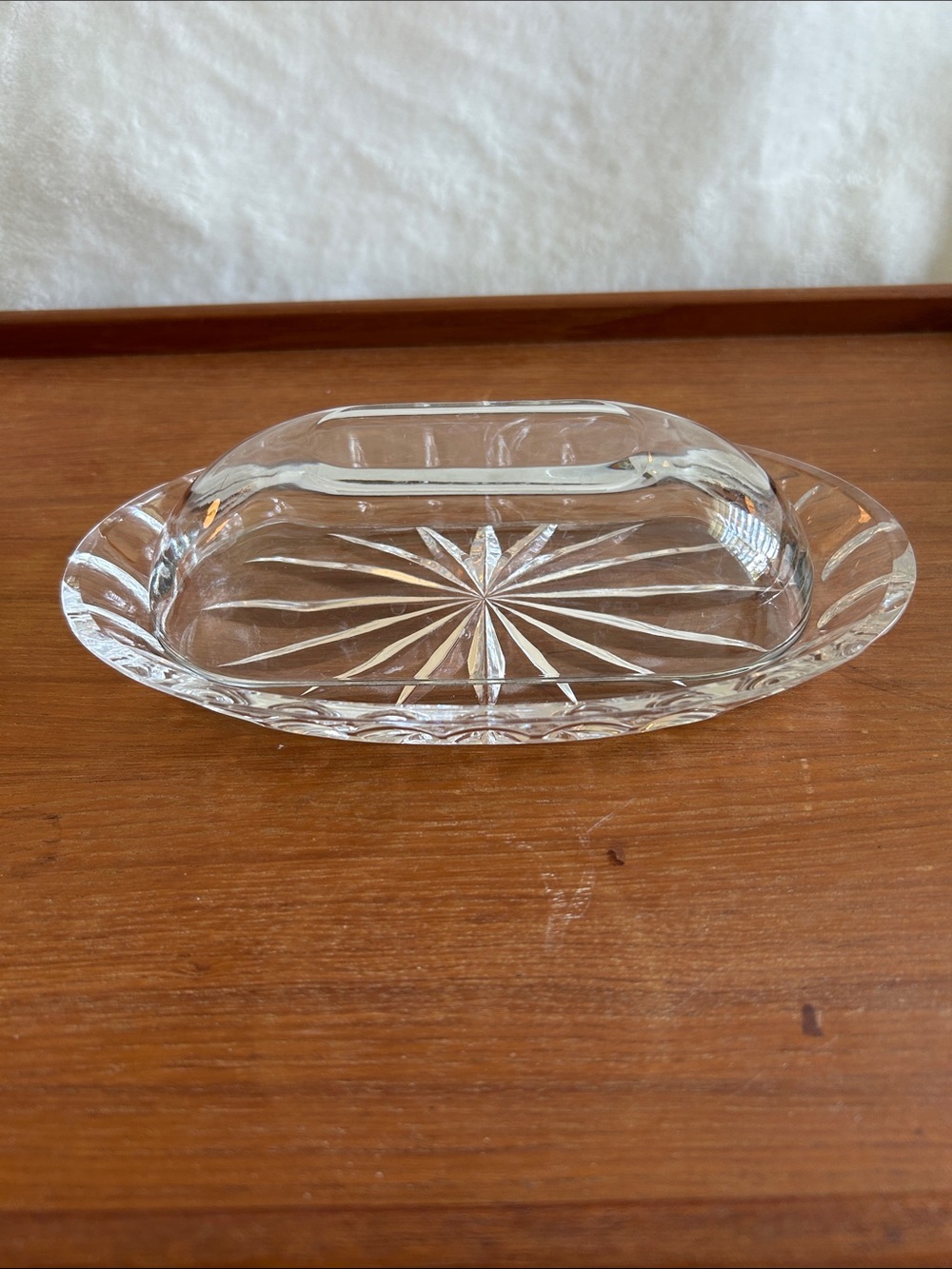 Vintage Clear Cut Glass Butter Dish with Starburst Pattern.